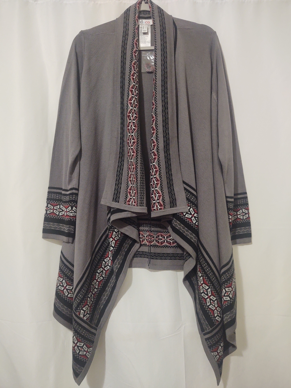 Women's Gray Open Front Draped Cardigan with Patterned Trim